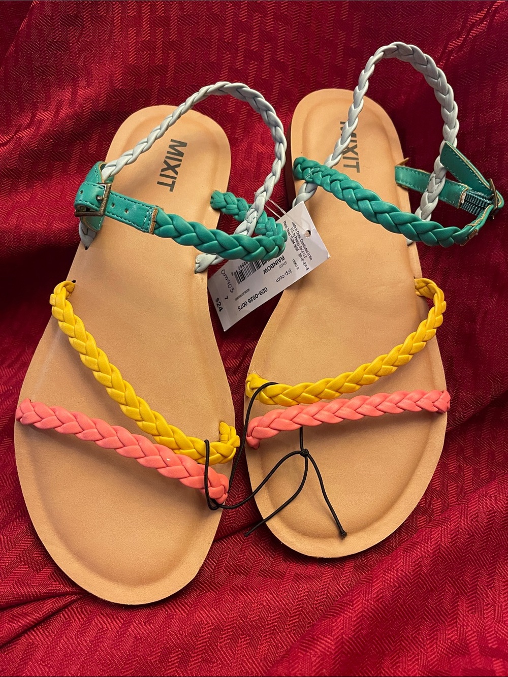Mixit Women’s Braided Rainbow  Strap Sandals - Yellow, Coral, Teal
